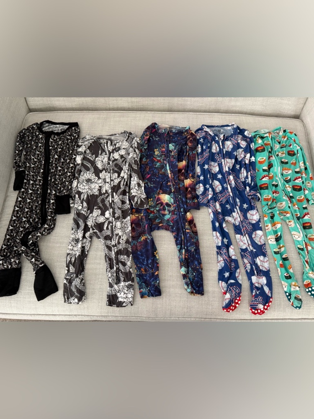 Lot of 5 - Bums and Roses & Little Surfer Dude Bamboo Rompers/Footies 12-18 Mos